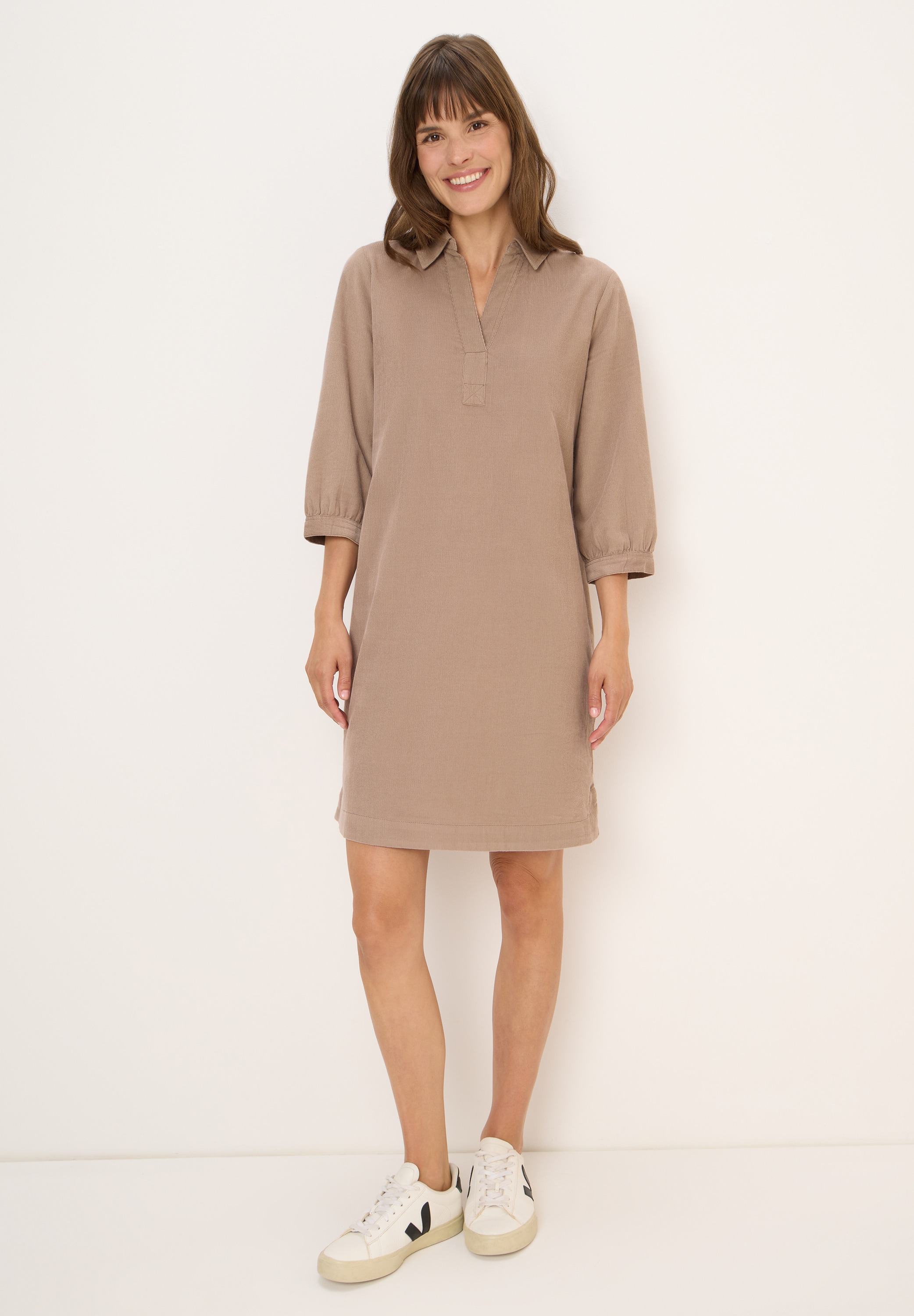Midikleid CECIL, Damen, Gr. S (38), US-Größen, beige (natural taupe), Web, 100% Baumwolle, unifarben, normal knielang, V-Ausschnitt, Bündchen, Kleider Midikleid, in Unifarbe