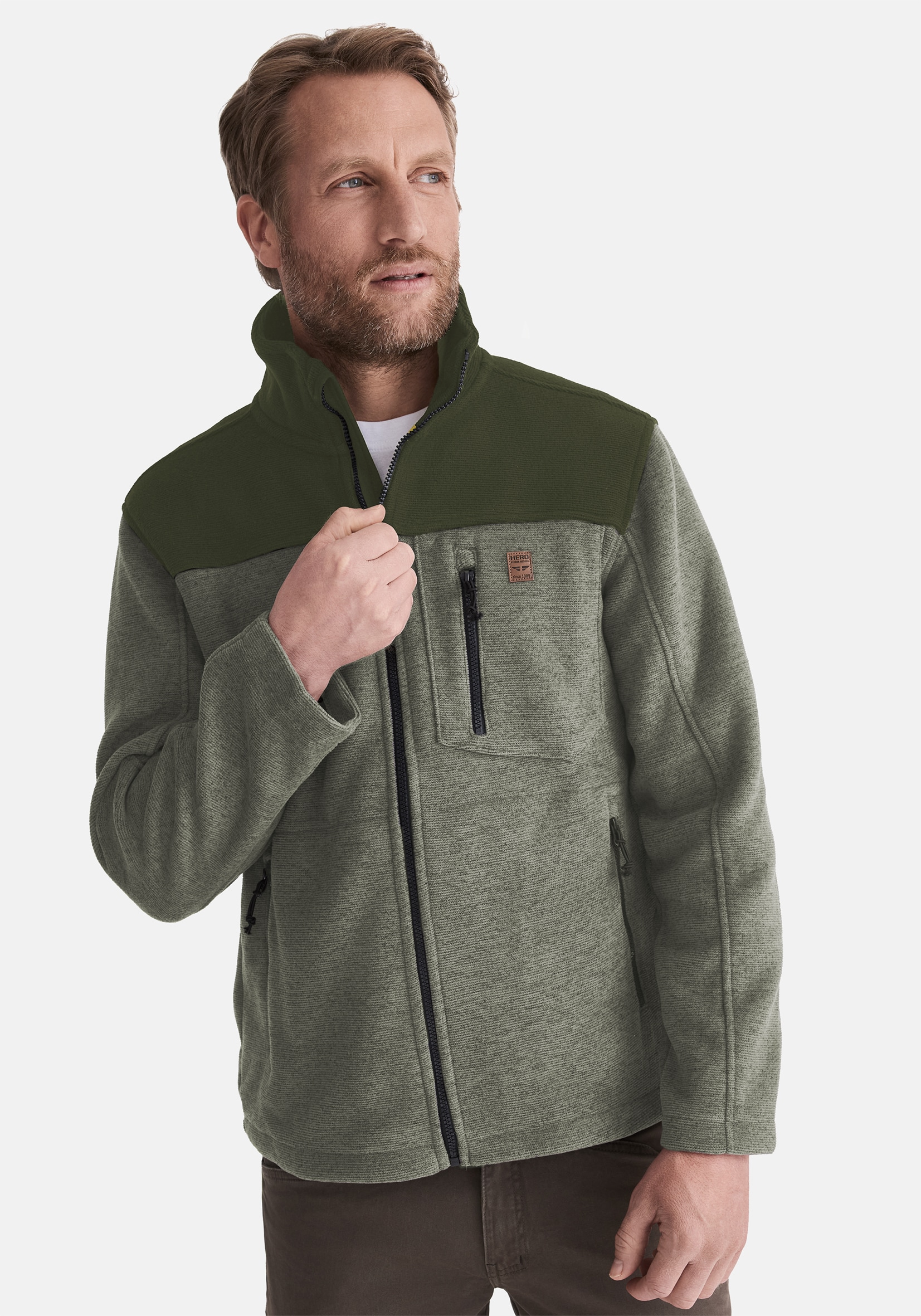 Fleecejacke HERO BY JOHN MEDOOX "JOEL Heavy Strick-Fleecejacke", Herren, Gr. 3XL, grün (olive melange), Fleece, 100% Polyester, regular fit, Jacken Fleecejacke, Sherpa fleece Straight Fit Casual Sherpa für Herren