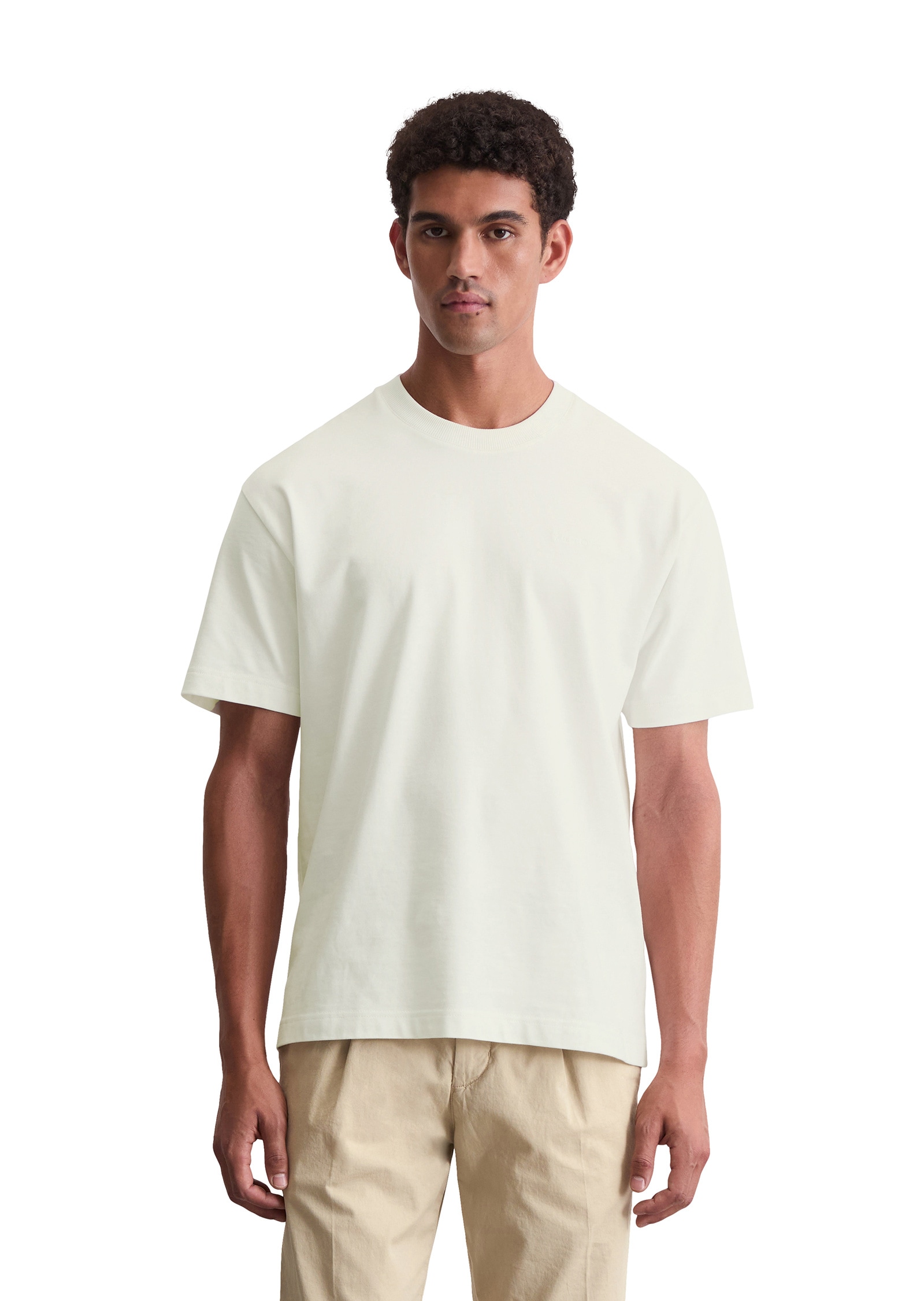 T-Shirt MARC O'POLO "aus schwerem Bio-Baumwoll-Jersey", Herren, Gr. L, weiß (egg weiß), Obermaterial: 100% Baumwolle, unifarben, Basic, relaxed fit, Rundhals, Shirts Image