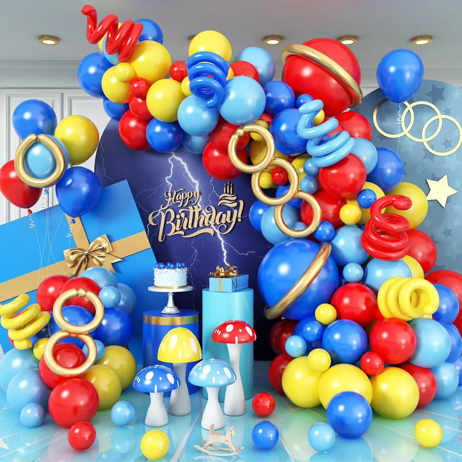 136 Stück rot blau gelb langer Ballonbogen-Set Cartoon-Sound Karneval Zirkus Geburtstag Babyparty Geschenk Abschlussfeier Dekoration Image