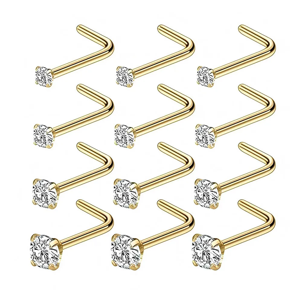 12-teiliges komplettes Set 316L hypoallergene L-förmige Nasenstecker Multi-Size CZ-Diamant-Nasenringe 1,5 bis 3 mm Piercingpfosten Damen Image