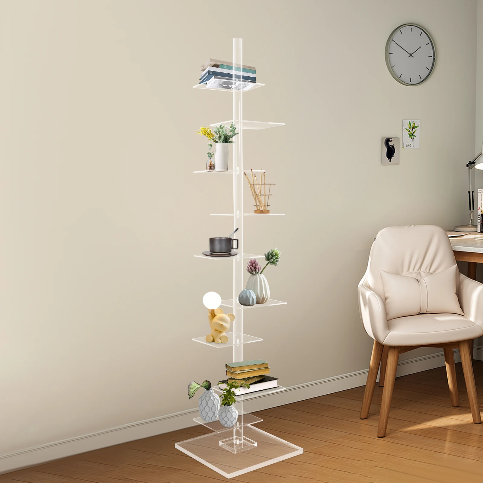 Vertikales Bücherregal mit 9 Etagen, schmales Acryl-Bücherregal, 40 x 40 x 173,5 cm, transparenter, platzsparender Ausstellungsständer, Bücherregal für das Heimbüro Image