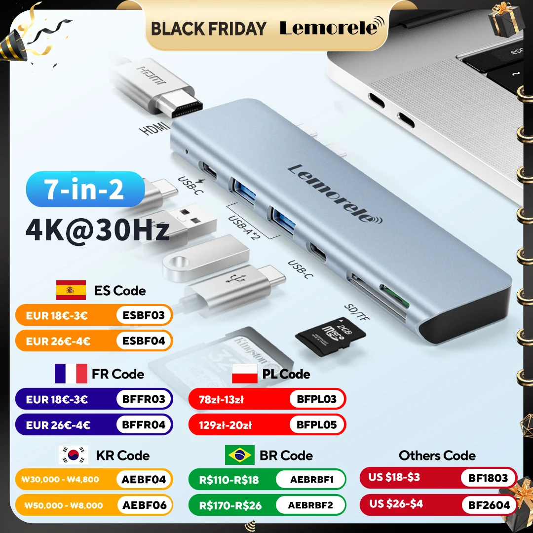 Lemorele TC14 7-in-2-Anschlüsse Dual USB C Hub Typ C auf 4K HDMI USB C Stromversorgung 2.0 Datenübertragung USB A 2.0 480 Mbit/s für MacBook Image