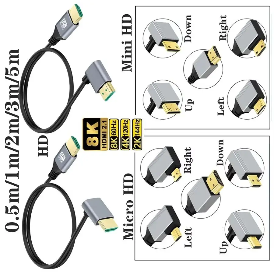 90 grad 8K 5K Micro HDMI Zu HDMI-kompatibel UP/Links/Rechts Winkel HDMI 2,1 V Kabel Für TV PC Digital Kamera Sony A6400 GH4 Tablet Image