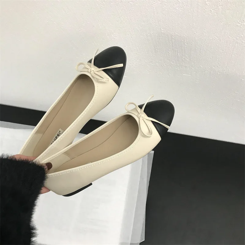 Scarpe basse da donna in pelle Punta tonda alla moda Ballerina casual con fiocco Scarpe da balletto Mocassino morbido con scarpe Lolita Mary Janes beige