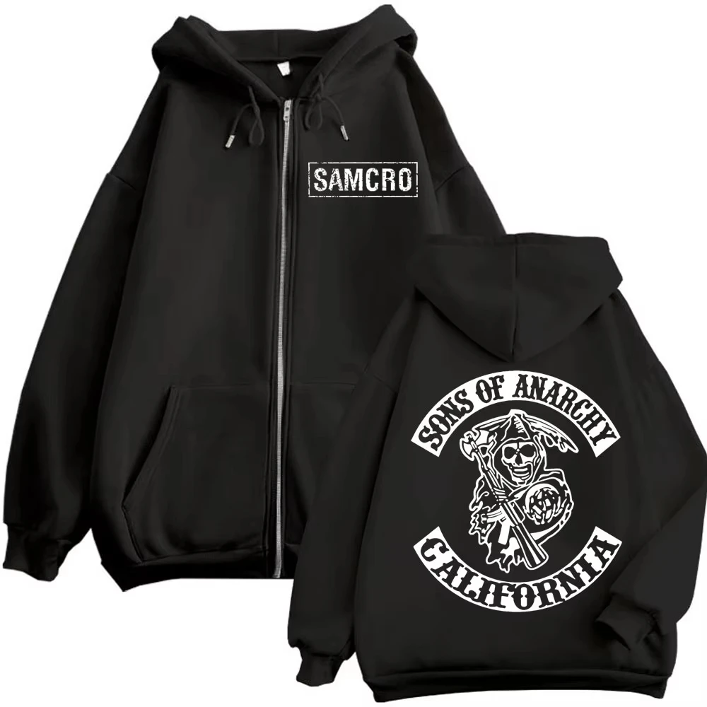 Sons of Anarchy Doppelseitiger Druck-Reißverschluss-Hoodie für Herren und Damen, Gothic-Vintage-Sweatshirt mit Reißverschluss, lässige Mode, übergroßer Pullover