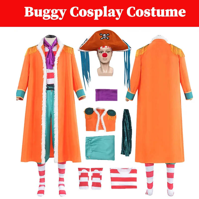 Anime Pirate Clown Buggy Cosplay Kostüm Männer Disgusie Dress Up Fantasia Kopfbedeckung Socke Set Outfits Hut Krawatte Mantel Halloween Anzug