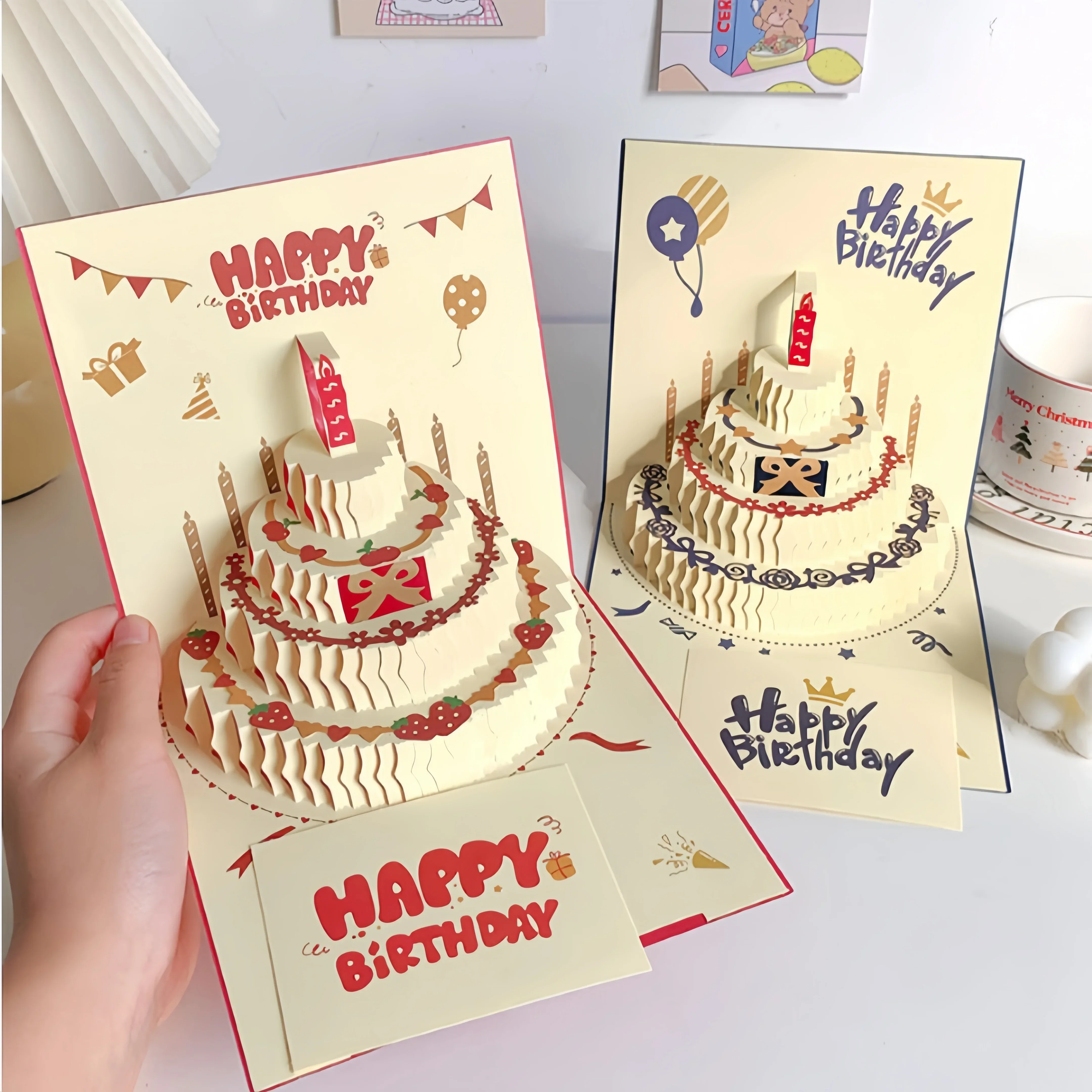 3D-Karte „Happy Birthday“, Weihnachtsgeschenkkarte, Geburtstagskuchen, Pop-Up-Gruß mit Umschlag, Weihnachts-Einladungskarten Image