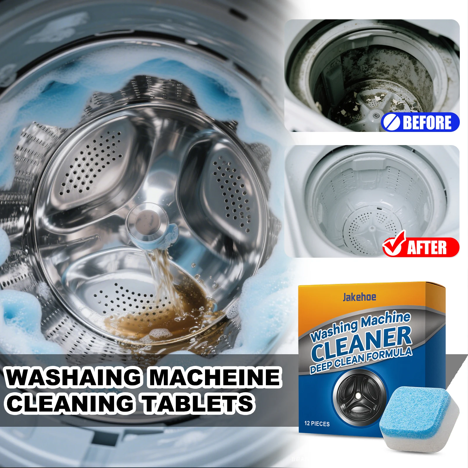 JAKEHOE Washing Machine Cleaner Effervescent Tablets 12Pcs/Box Deep Cleans Removes Dirt Odors Laundry Machine Cleaning Tablet