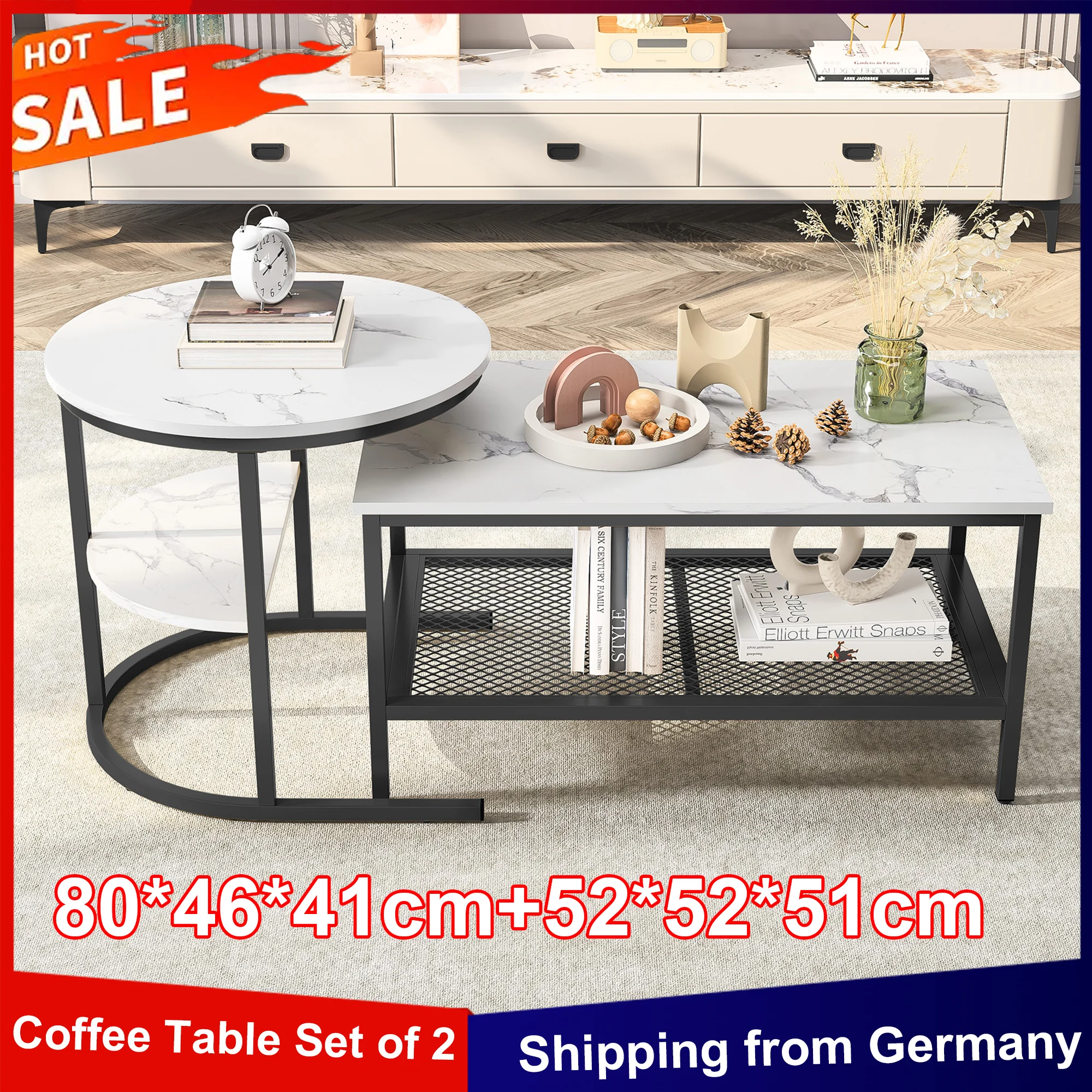 Anajqaqia 2er-Set Couchtisch, 2-in-1 moderner Beistelltisch, Marmoroptik mit schwarzem Metallrahmen, Sofatisch für Wohnzimmer, Schwarz