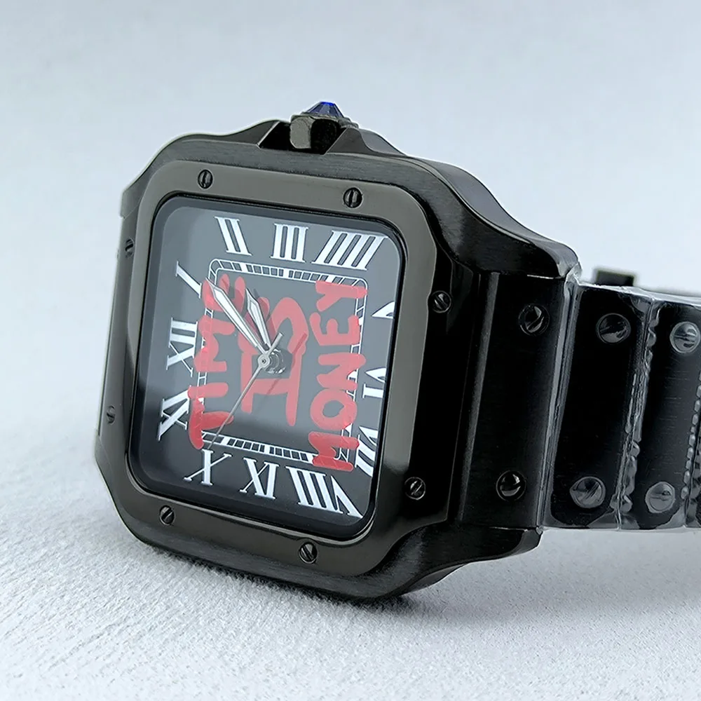 38 mm NH35 quadratische Roma-Uhr, individuelles Logo, automatisches schwarzes Herren-Uhrengehäuse, Faltschließe, Armband, NH35 NH36-Uhrwerk Image