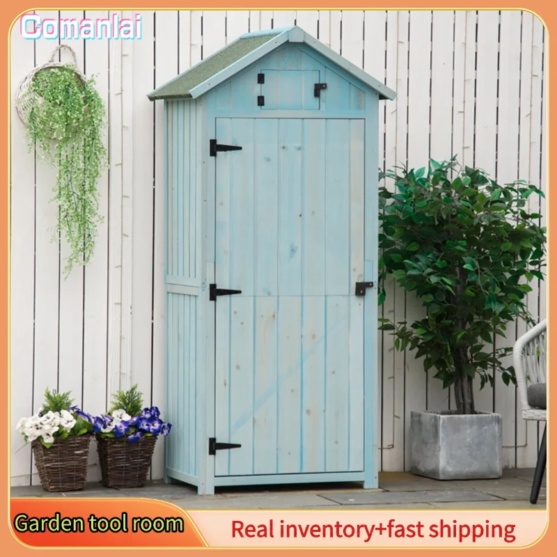 Comanlai 77 x 54,2 x 179 cm Gartenschrank-Werkzeugschuppen mit Regalen und Fenstern, hellblaues und grünes Holz, für Garten, Terrasse