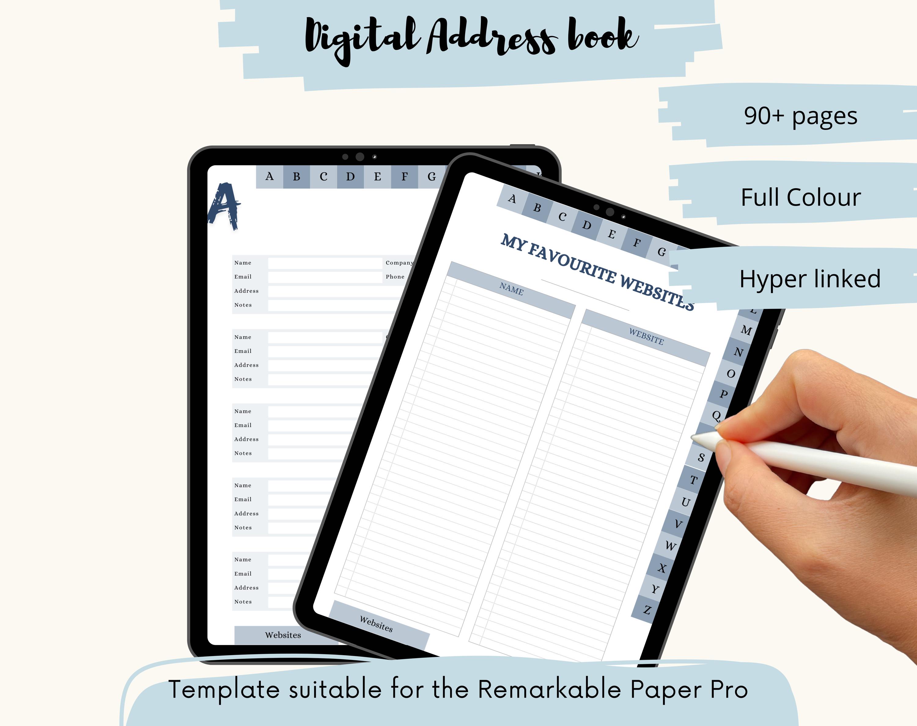 Modello di rubrica digitale per reMarkable Paper Pro - Rubrica Eink - Modello Remarkable - PDF con collegamento ipertestuale - Rubrica telefonica digi