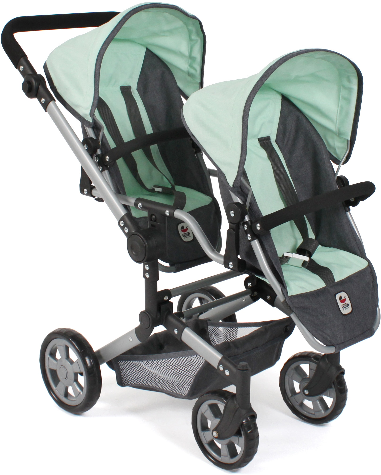 Puppen-Zwillingsbuggy CHIC2000 "Linus Duo", grün (grau, mint), Puppenwagen, KinderB:80cm H:79cm T:80cm, Kunststoff, Polyester, Stahl, mit zwei abnehmbaren, bis in Liegeposition verstellbaren Sportsitzen, B:80cm H:79cm T:80cm