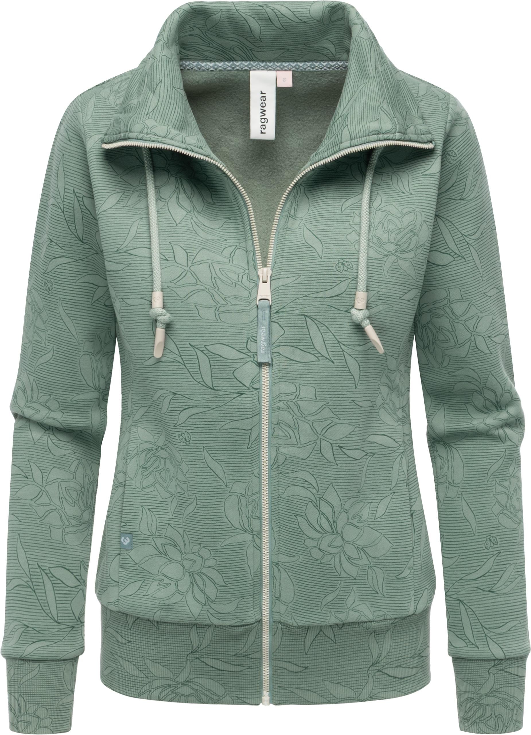 Sweatjacke RAGWEAR "Ronette Print", Damen, Gr. XXL (44), dusty, 70% Baumwolle, 30% Polyester, tailliert hüftbedeckend, hoch geschlossener Ausschnitt, eng Rippstrickbündchen, Sweatjacken, Zip-Jacke mit Allover-Print und hohem Kragen Image