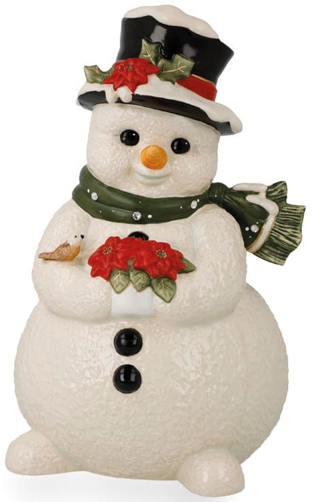 Dekofigur GOEBEL "Schneemann - Im verschneiten Garten", bunt, B:13,5cm H:22cm T:13,5cm, Steingut, Dekofiguren, 13,5 x 13,5 x 22 cm