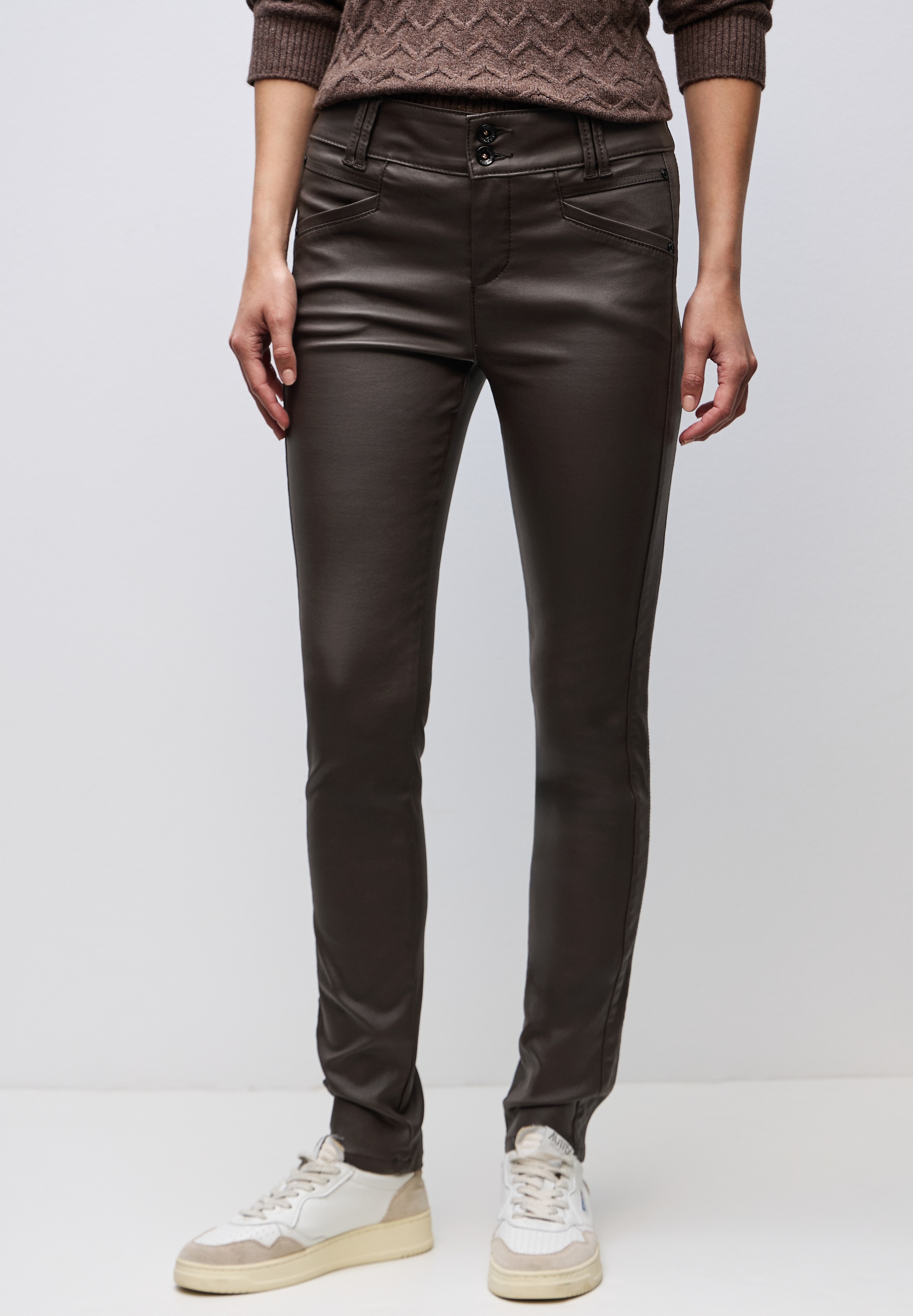 Lederimitathose STREET ONE, Damen, Gr. 36, Länge 32, deep roast braun, Stoff, 79% Viskose, 18% Nylon, 3% Elasthan, unifarben, comfort fit normal, Hosen, mit Coating Image