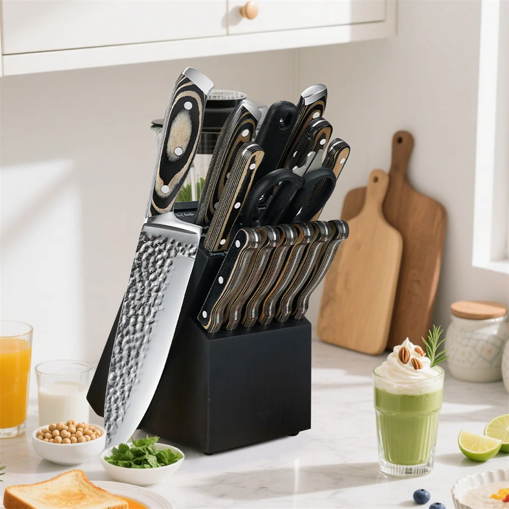 MDHAND 15-teiliges Küchenmesser-Set mit integriertem Spitzer, Holzblock, professionelles deutsches Messerblock-Set aus Edelstahl ﻿ Image