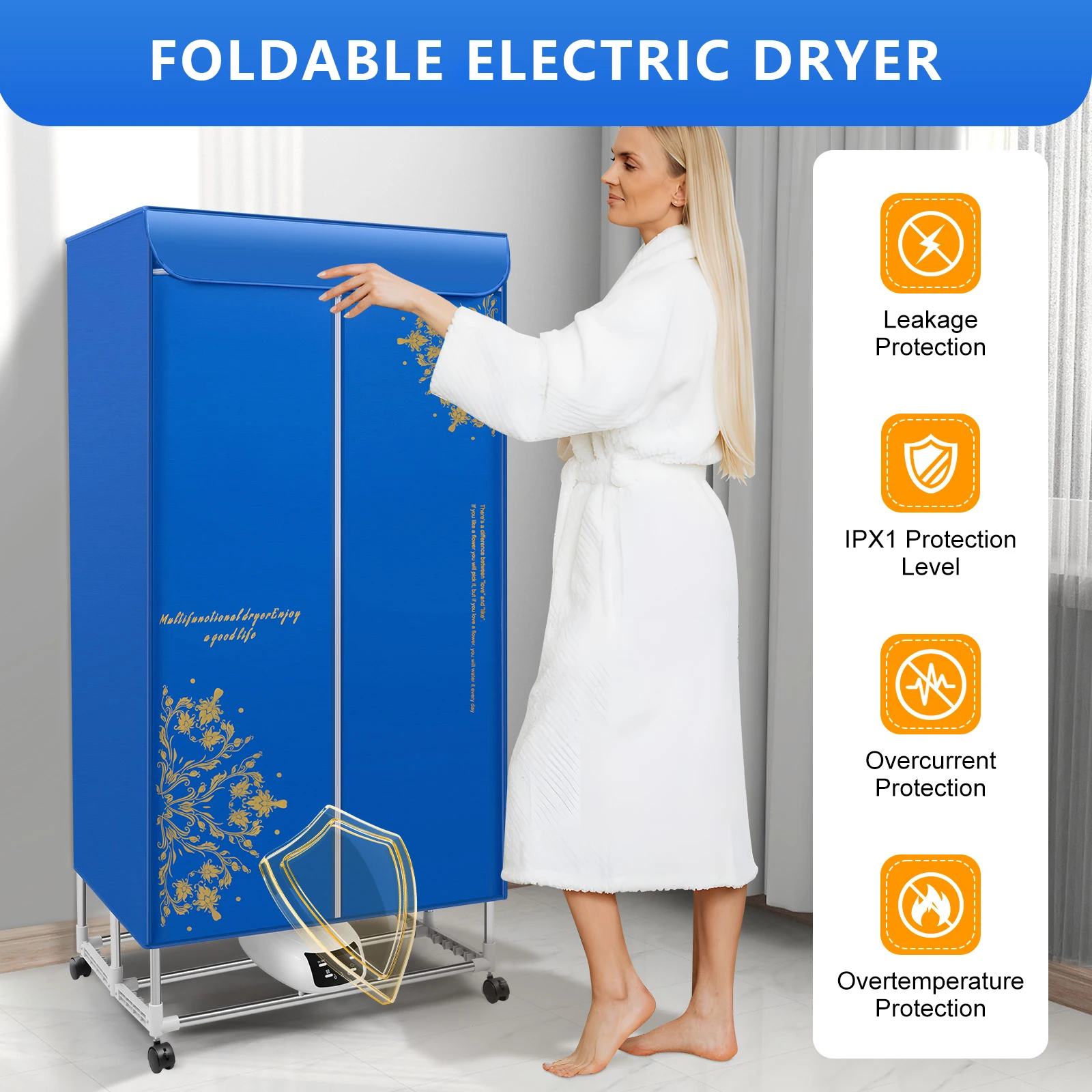 Faltbarer elektrischer Wäschetrockner, 1500 W, Fernbedienung, Wäscheständer für Zuhause, geräuscharme Heizung, 66 lbs Last Image