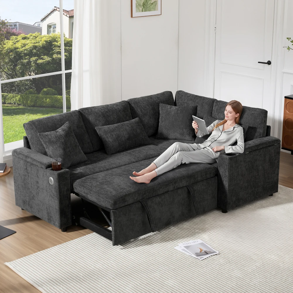 L-förmiges, ausziehbares Ecksofa mit Stauraum, USB-Ladeanschluss, Armlehne und vier Kissen, für Wohnzimmer, Heimkino