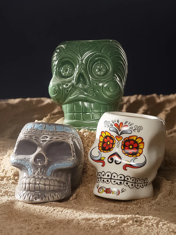 Trinkgläser, Tattoo Skull Tiki Cocktailglas, kreative Cocktailgläser mit Blumengesicht, Keramik-Weinglas, hawaii Bar-Zubehör Image