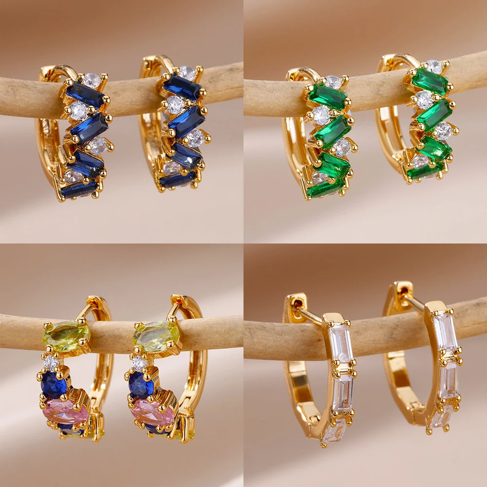 Bunte kubische Zirkon-Creolen für Frauen, luxuriöse goldfarbene Edelstahl-Ohrringe, trendiges Piercing, ästhetischer Ohrschmuck Image