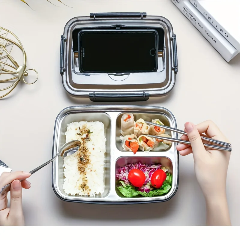 Auslaufsichere Lunchbox aus Edelstahl mit 3/4-Fächern – langlebiger, leicht zu reinigender Bento-Behälter für Studenten und Büroangestellte Image