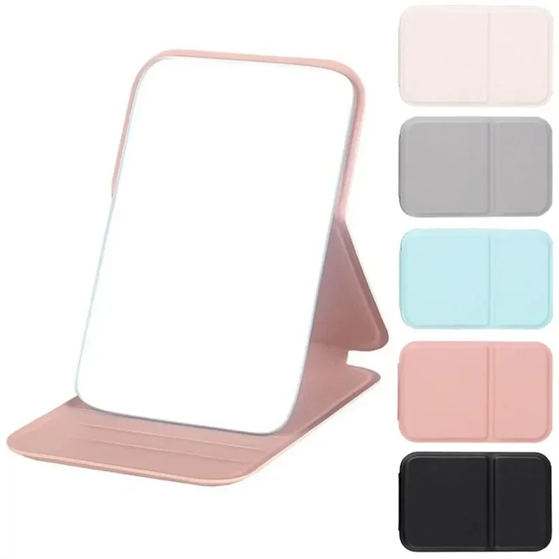 Specchio per il trucco da tavolo Specchio per il trucco portatile semplice in pelle PU tinta unita Specchio tascabile carino compatto per studenti pieghevole