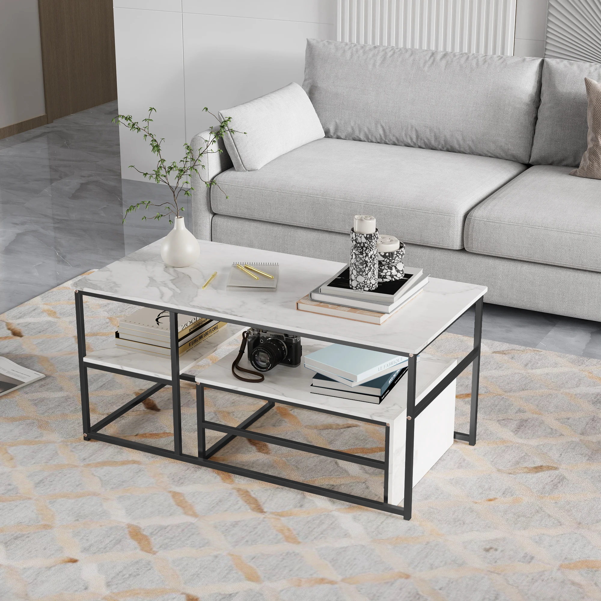 Rosahqnda 2er Set Nesting Couchtisch Modern Beistelltisch Wohnzimmer Balkon Büro Platzsparend Eisenrahmen Einfache Montage