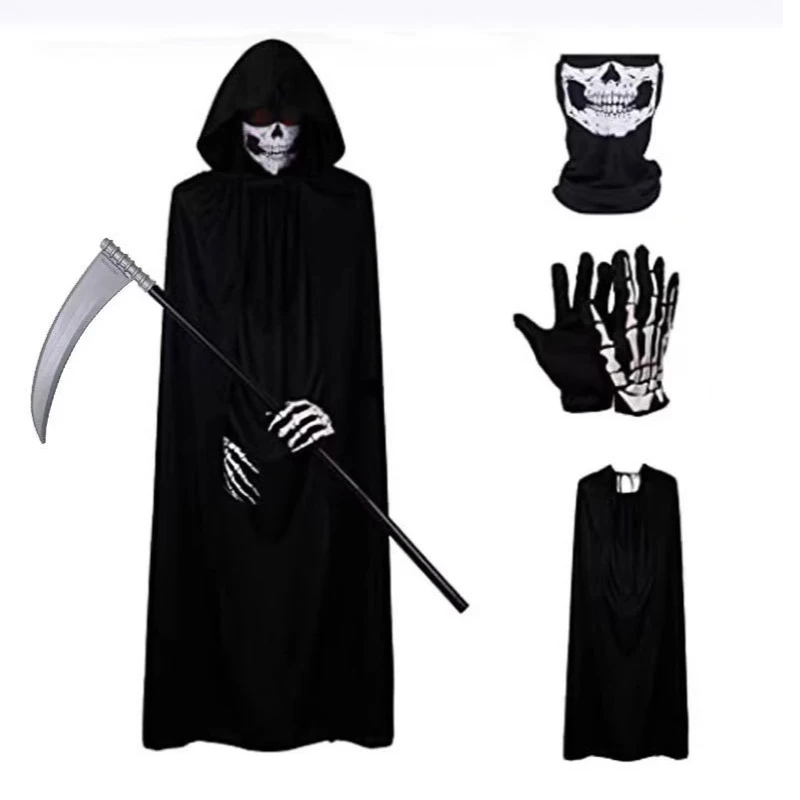 4-teiliges Set Halloween-Kostüm für Erwachsene und Kinder, Sensenmann-Umhang, Kostüm, schwarzer Horror, Tod, Cosplay, Umhang, Handschuhe, Sichel-Gesichtsmasken-Set Image