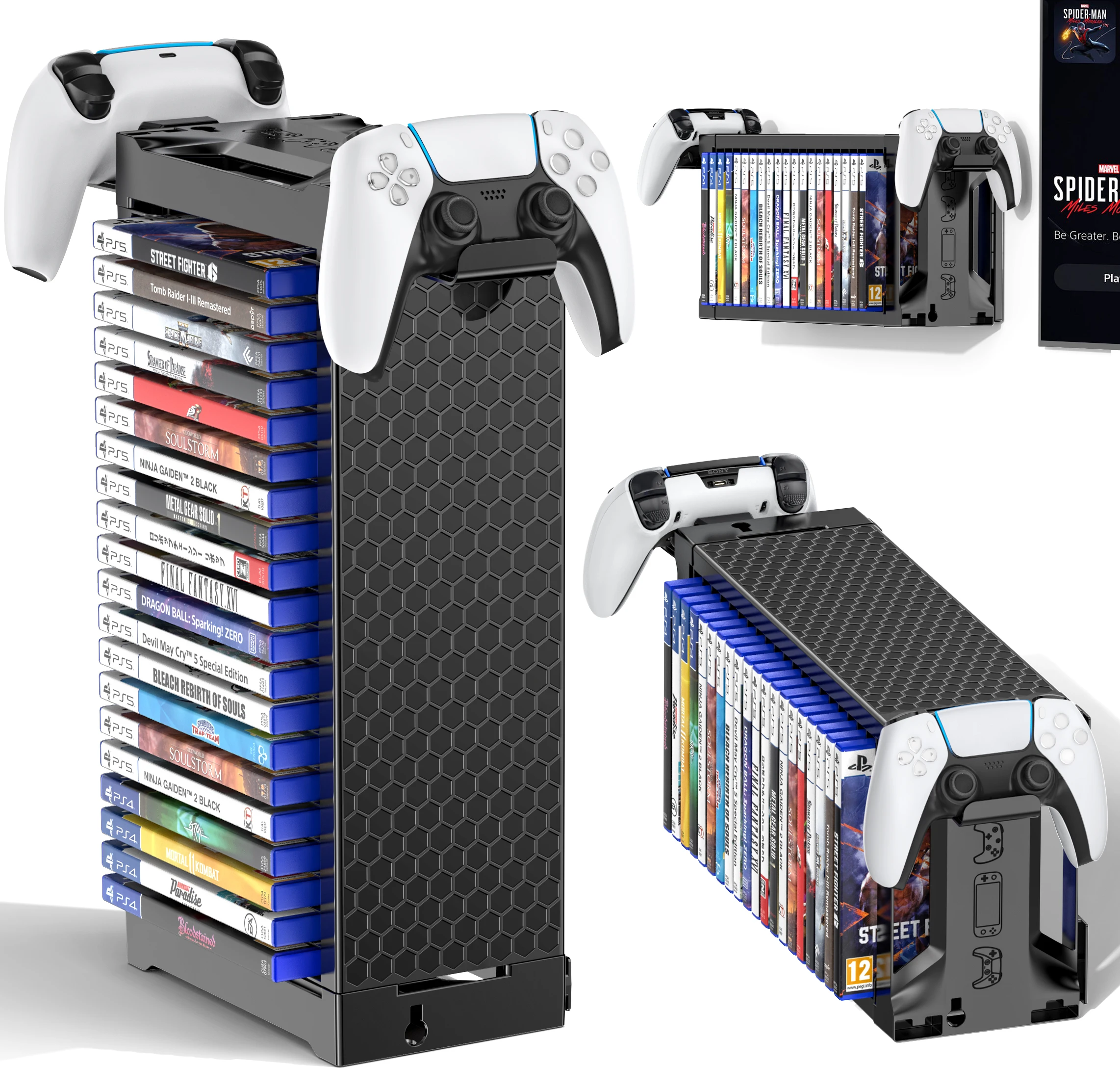 Video Game Storage Tower Holder with Controller Stand Wall Mount Game Organizers Vertical & Horizontal Stand for 20 Gaming Discs