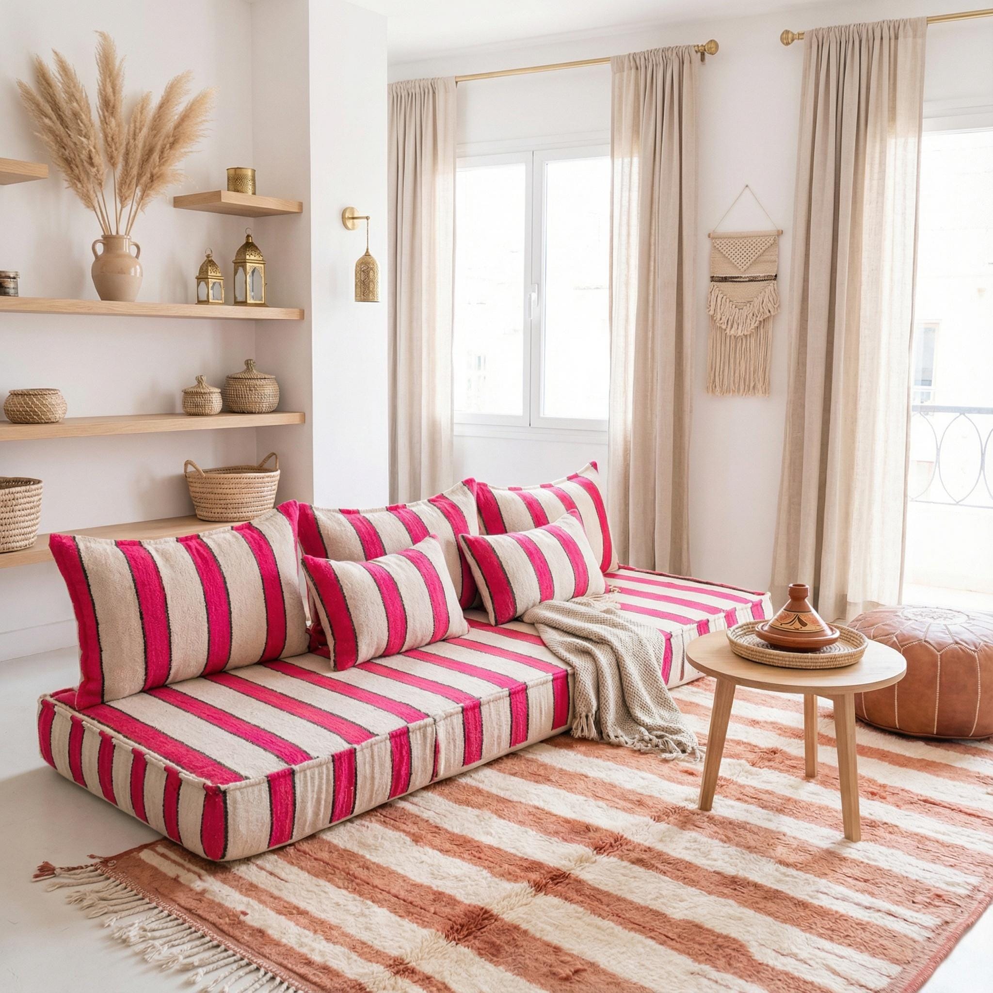 Divano letto in lana marocchina, divano a due posti Beni Ourain fatto a mano, grande divano Majlis arabo, divano Togo a righe bianche, fodere per diva