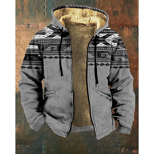 Homme Graphique Géométrique Sweat à capuche Veste Mode Streetwear Occasionnel manche longue À capuche Extérieur Sport en Plein Air Sortir Kaki Gris foncé Gris Avec Poches Imprimé Toison Hiver Designer
