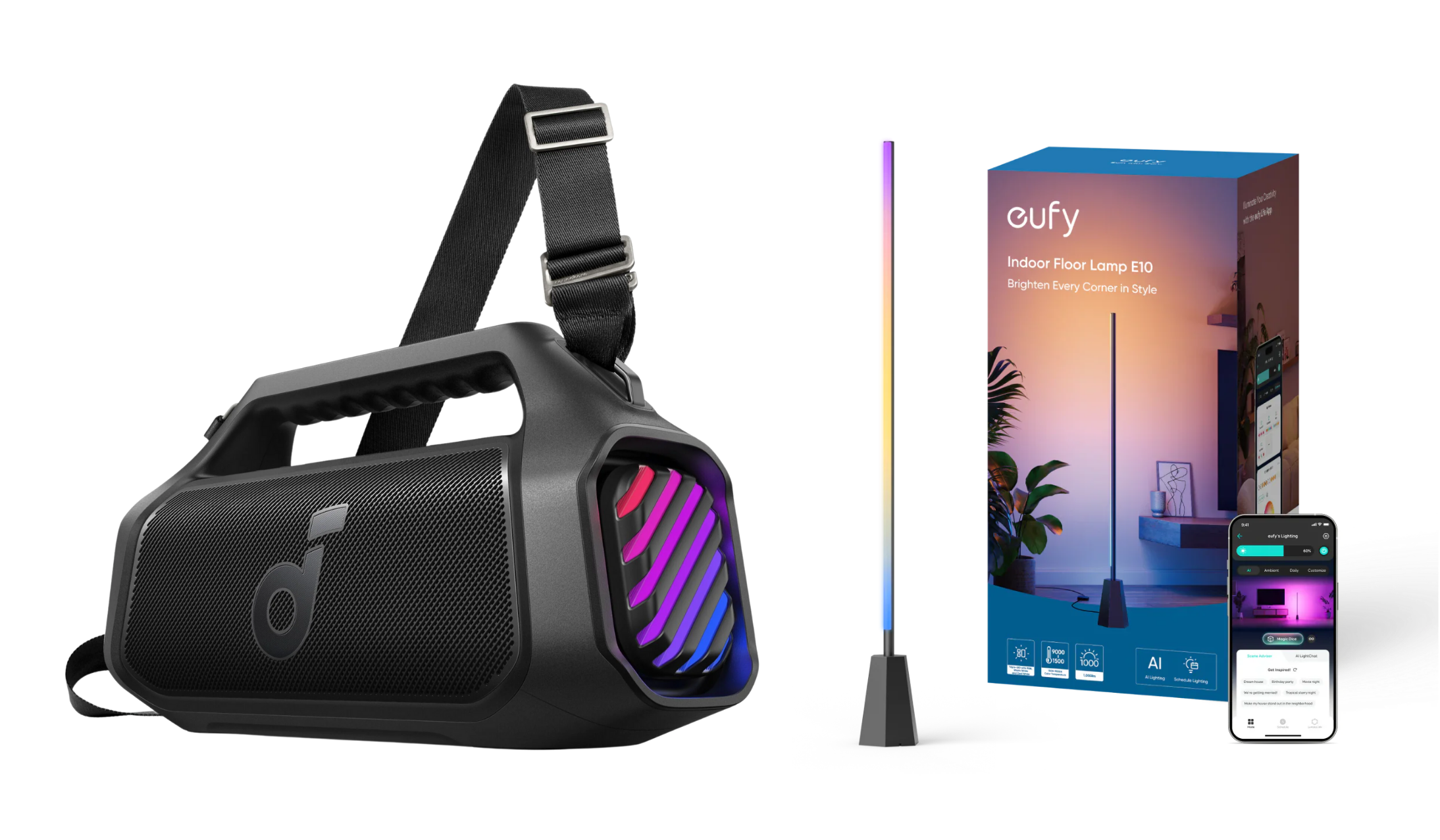 Boom 2 Plus | Bluetooth-Lautsprecher mit mächtigem Bass für Draußen + eufy Zimmer-Stehlampe E10