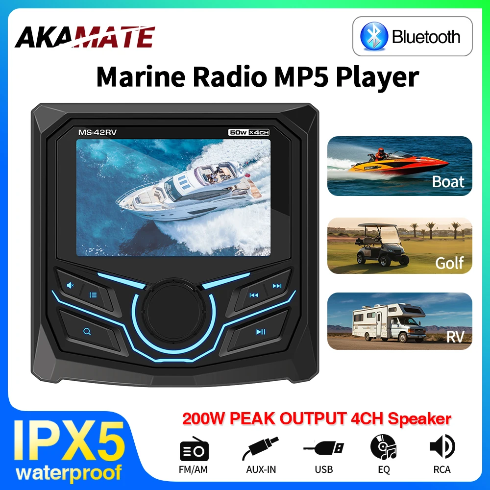Radio Marine MP5 stéréo carré bateau haut-parleur FM AM AUX étanche IPX5 bateau Bluetooth lecteur multimédia pour RV ATV UTV SPA RZR