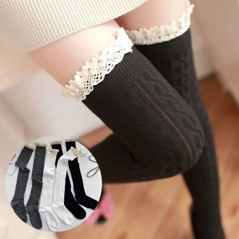 Lolita Lace Up Long Knee Socks for Women Over Knee Thigh High Stockings Spring Autumn Fashion female Warm Sexy Cotton JK Tights