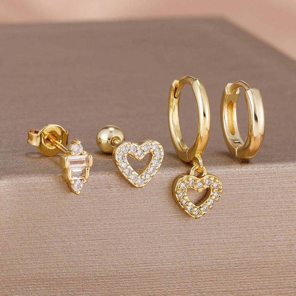 4PCS Neue Hohle Herz Ohr Stud Ohrringe Set für Frauen 14K Gold Überzogene Zirkonia Ohrring Hochzeit Paar trend Schmuck Geschenk Image