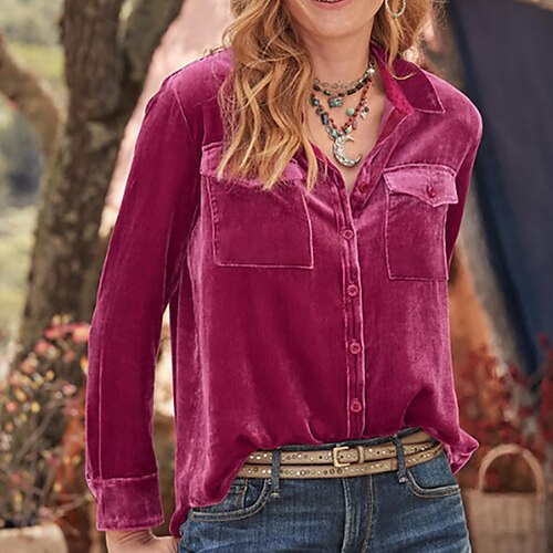 Damen Hemd Samt Elegant Bluse Tasche Knöpfe Einfach Vintage Lässig Langarm Hemdkragen Normale Oberteile Ferien Ausgehen Blau Purpur Orange Rosa Herbst Winter Image