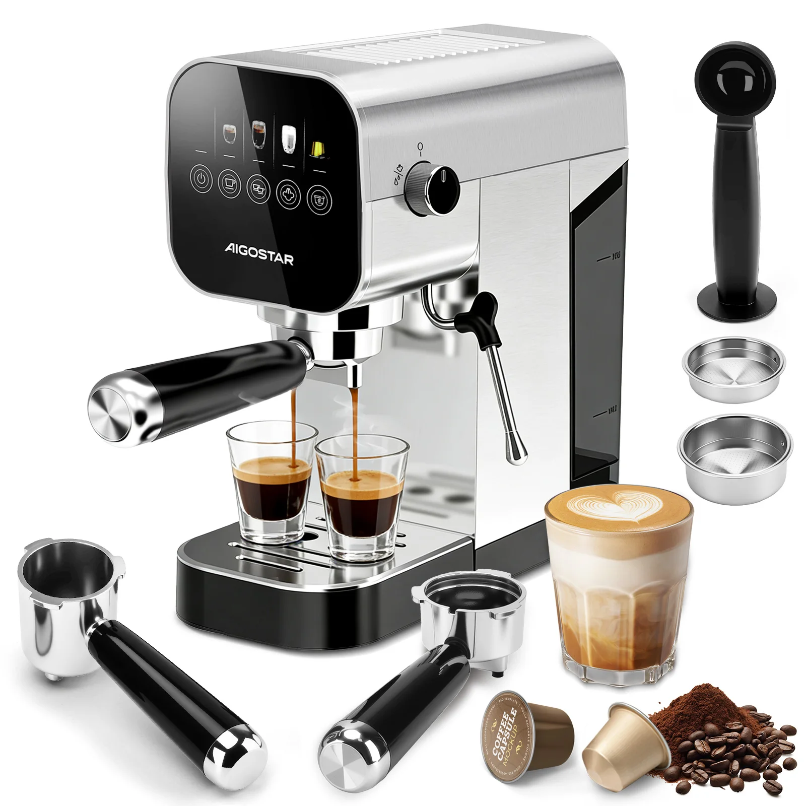 Aigostar Espresso Siebträgermaschine, Kompatibel mit Kapseln und Gemahlenem Kaffee, 20 Bar, Digitales Touchpanel, 1/2 Tassen, Espressomaschine mit Milchaufschäumer, 0,9L, 1350 W, Edelstahl