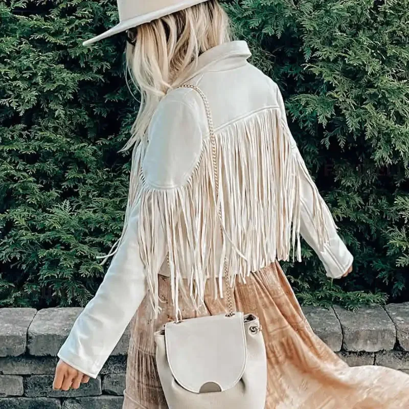 Lässige, kurze Jacke mit Fransen für Damen, Western-Boho-Vintage-Stil, lange Ärmel, Reißverschluss, trendige Herbst-Oberbekleidung Image