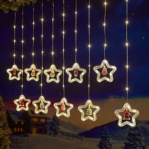 3.5M Weihnachtsvorhanglicht Lederdrahtlichterkette runder Weihnachtsbaum fünfzackiger Sternförmiger Innen Schlafzimmer Wohnzimmer Party Feiertagsatmosphären Dekorationslicht 8-Funktionen USB Image