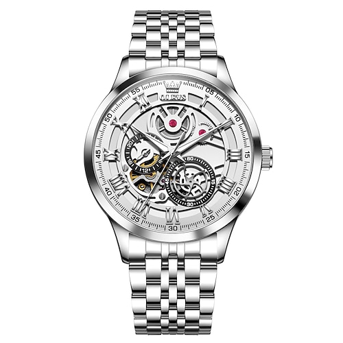 Olevs 7076 Mann Automatikuhr Mode hohle mechanische Uhr für Männer wasserdichte Edelstahlarmband römische Skala Zeigeruhr Uhr Image