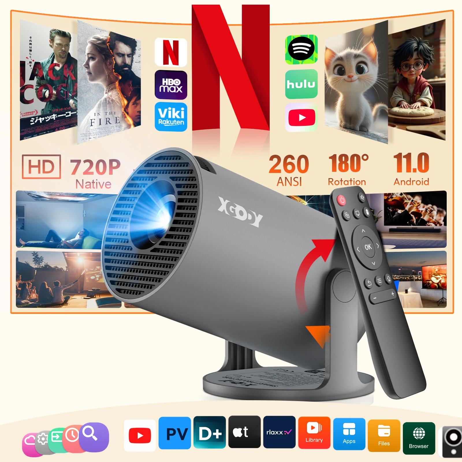 XGODY Projektor 4K Wifi6 Android Beamer ​ ​ 260 ANSI Dual WIFI Allwinner H713 BT5.4 1280 * 720P Heimkino Outdoor tragbar Image