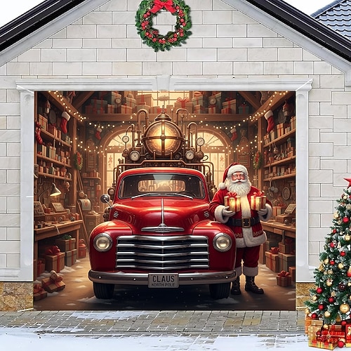 Weihnachtliche Garagentorabdeckung mit Weihnachtsmannhaus-Motiv, große Hängekulisse für 2 Autos, festliche Wanddekoration für Garten und Terrasse, 2D-Flachdruck, 2,1 x 2,4 m Image
