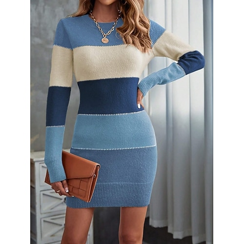 Damen Pullover Kleid Lässig Weich Gestreift Gerippt Rundhalsausschnitt Gestrickt Langarm Normale Oberteile Stricken Outdoor Täglich Wochenende Königsblau Orange Herbst Winter Image