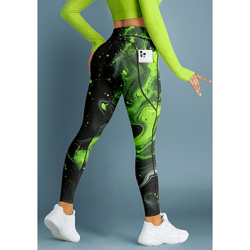 Damen Pilates-Leggings Fitnesshose Trainingsleggings Taschen Stempelsteuer Seitentaschen Pilates Fitnessstudio Fitnesstraining Hosen Strumpfhosen Leggings Abstrakt Rot Grün Sport Sportkleidung Hohe Image
