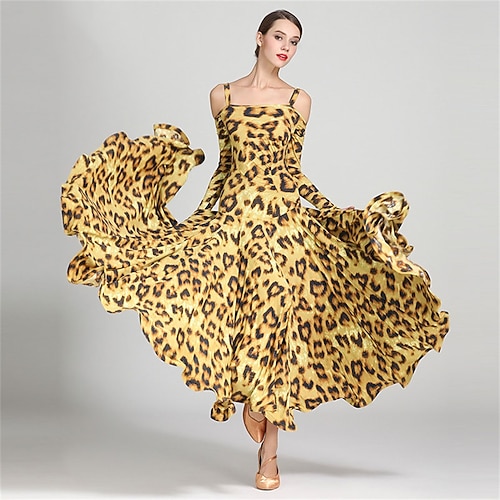 Schulterfreies Gesellschaftstanzkleid mit Animalprint für Damen – langärmliges A-Linien-Kleid für Wettbewerbe, Latein- und Tanzveranstaltungen Image