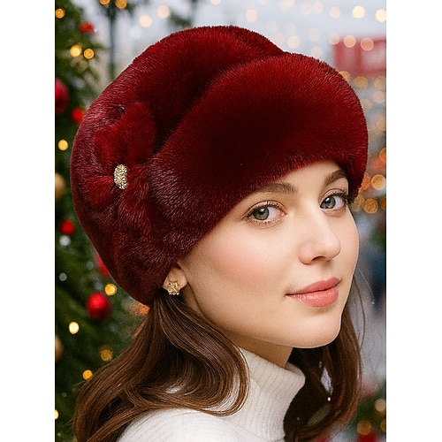 Weihnachtsmütze aus Kunstpelz für Damen mit Schmuckstein-Blumendetail, weiches Plüschdesign in mehreren Farben für die Winterferien Image