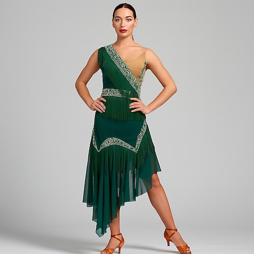 grünes Latein-Tanzkleid mit Strass-Kristall, Metallfransen und asymmetrischem Rock für Samba-Auftritte Image