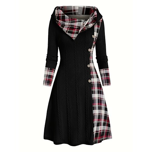 Weihnachten Damen Midikleid A Linie Kleid Lässig Täglich Normale Passform Karomuster Langarm Mit Kapuze Schwarz Wein Armeegrün Aprikose Frühling Herbst Winter Image